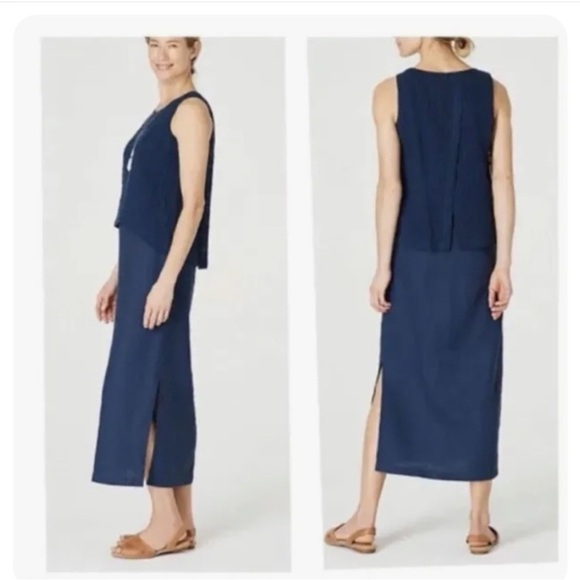 NWT Pure Jill J.Jill 100% Linen Batik Blue Layered Maxi Dress Size Small Summer - Picture 1 of 16
